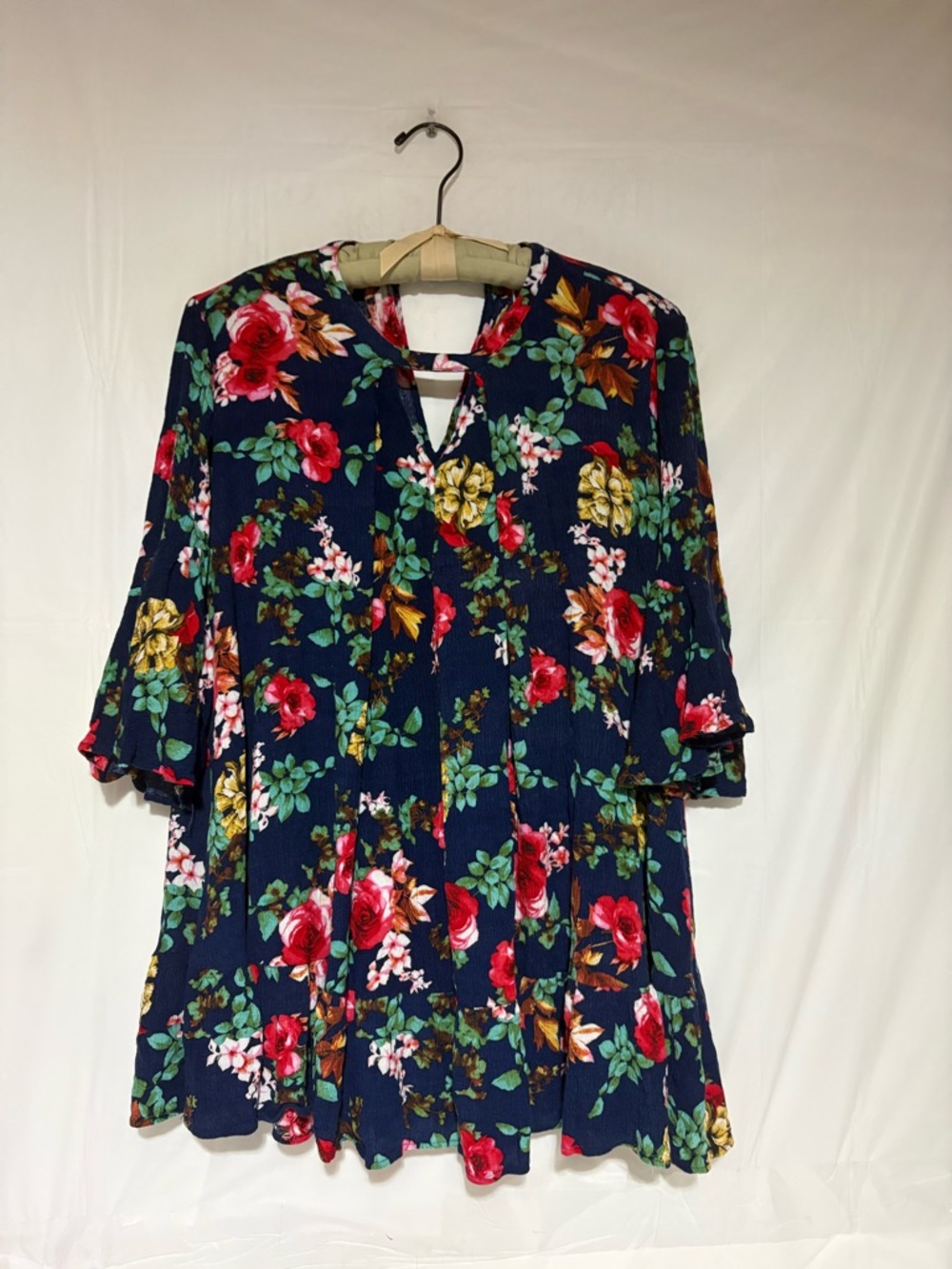 Umgee Navy Floral V-Slit Tunic with Ruffle Sleeves